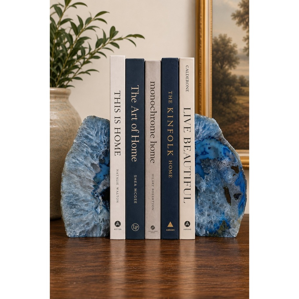 Blue Agate Geode Bookends Natural Crystal Stone Pair Made in Brazil‎ Polished